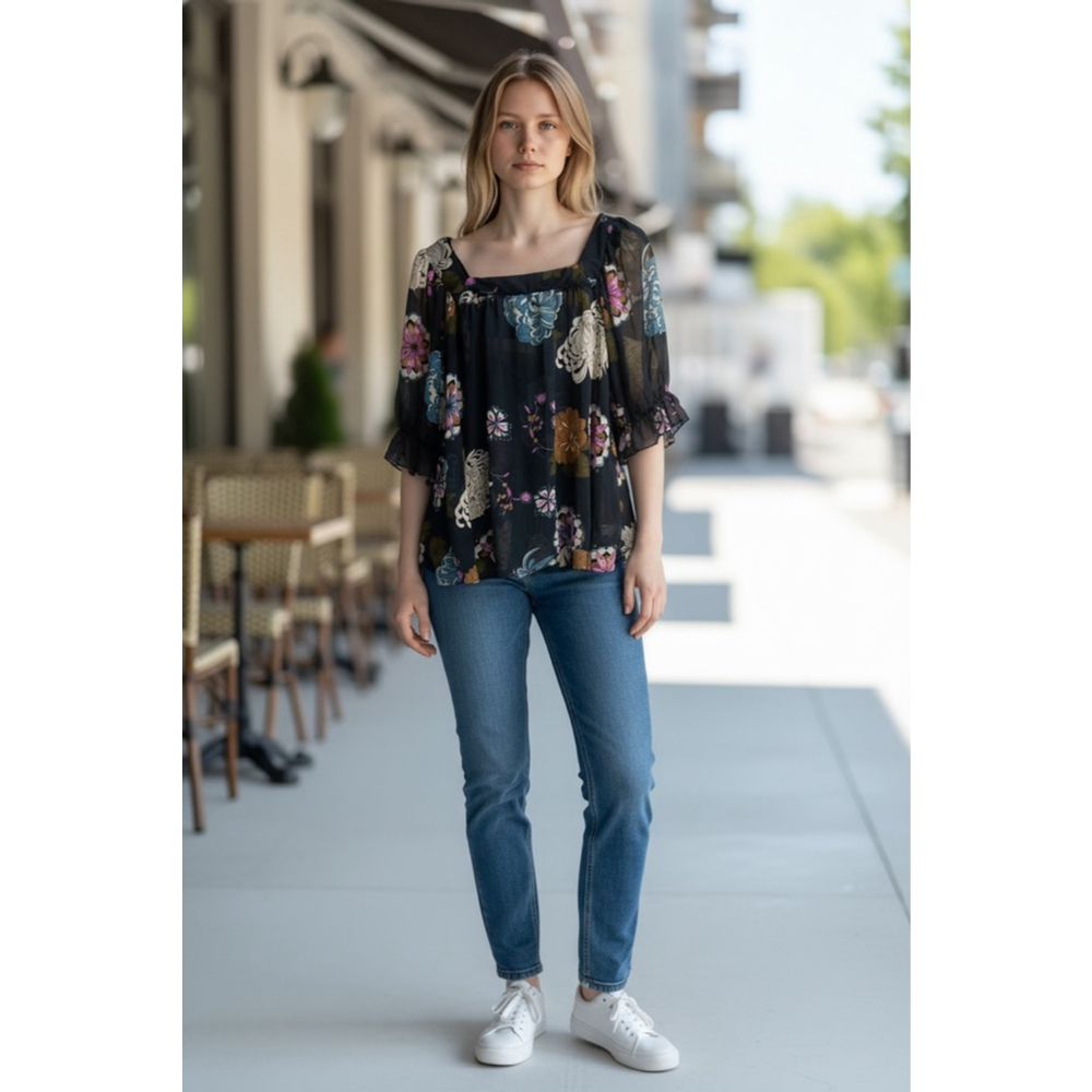Women's Design Works Blue Floral Sheer Blouse M